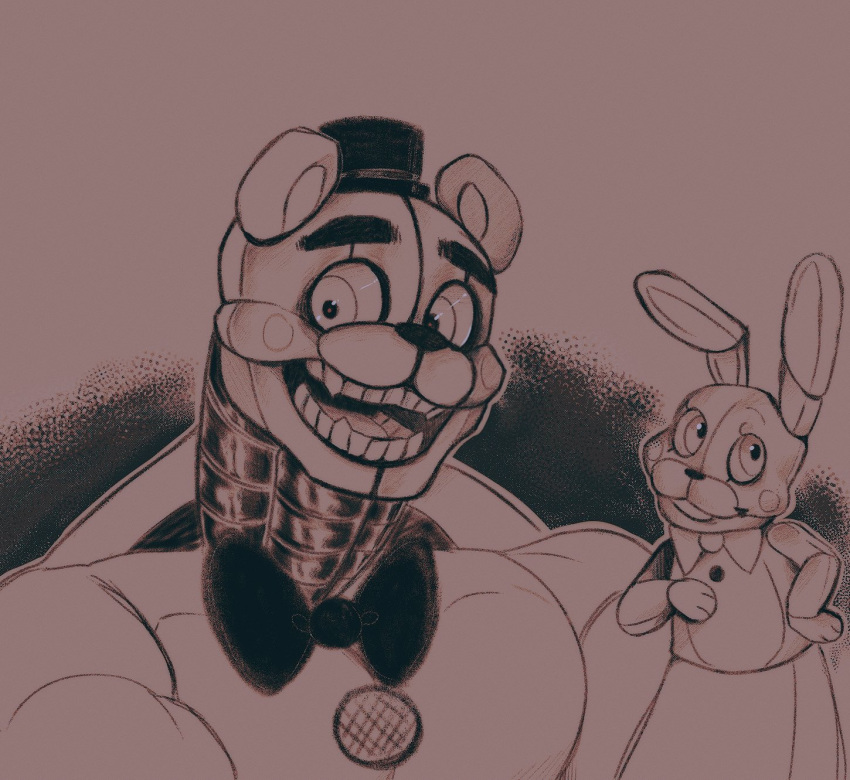 accessory ambiguous_gender animatronic anthro black_and_white black_nose blush blush_stickers bow_tie buckteeth clothing colorless cute_expression cute_eyes eyebrows fangs five_nights_at_freddy's funtime_freddy_(fnaf) funtime_freddy_(fnafsl) hat headgear headwear hi_res lagomorph leporid long_ears machine male mammal monochrome muscular muscular_anthro muscular_male open_mouth puppet puppet_bonnie_(fnafsl) rabbit robot ruinh00d scary scary_face scary_smile scottgames segmented segmented_body sharp_teeth sister_location smile solo speaker spooky_(disambiguation) teeth top_hat ursid video_games