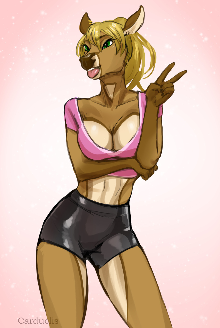 2022 5_fingers absurd_res anthro blonde_hair bottomwear breasts brown_body brown_fur brown_nose carduelis cervid cervine cleavage clothed clothing crop_top digital_media_(artwork) female fingers fur gesture green_eyes hair hi_res humanoid_hands mammal midriff multicolored_body multicolored_fur navel portrait samantha_(helios) shirt shorts signature simple_background sketch solo tan_body tan_fur three-quarter_portrait tongue tongue_out topwear two_tone_body two_tone_fur v_sign white_background