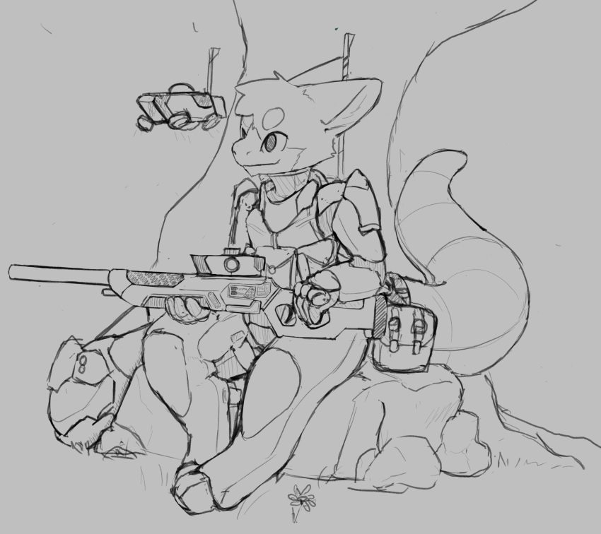 anthro armor dragon fur furred_dragon gun hi_res male ranged_weapon rifle sitting sketch sniper_rifle solo warlordhunter01 weapon