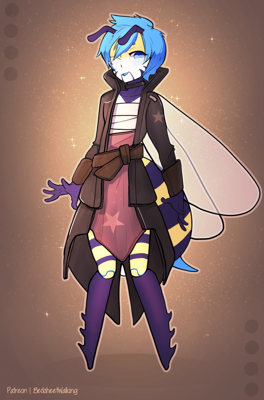 anthro arthropod bedsheetwalking bee binder blue_hair bottomwear chest_binder clothing coat feelers hair hi_res hymenopteran insect ivory_(helios) leather leather_clothing leather_coat leather_topwear pirate red_bottomwear red_clothing red_skirt skirt stinger topwear