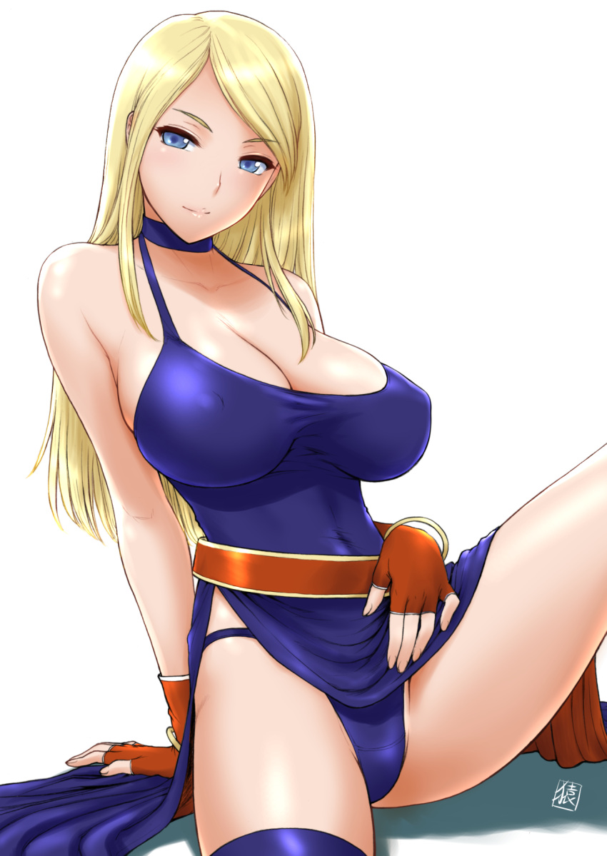 1girl arm_support bangs bare_shoulders belt blonde_hair blue_dress blue_eyes blue_panties bracelet breasts closed_mouth collarbone commentary_request covered_nipples dress eyebrows_visible_through_hair fatal_fury fingerless_gloves fingernails gloves highres jenet_behrn jewelry large_breasts lips long_hair looking_at_viewer mark_of_the_wolves panties red_gloves shiny shiny_hair shiny_skin simple_background sitting smile solo st.germain-sal the_king_of_fighters the_king_of_fighters_xv thighs underwear