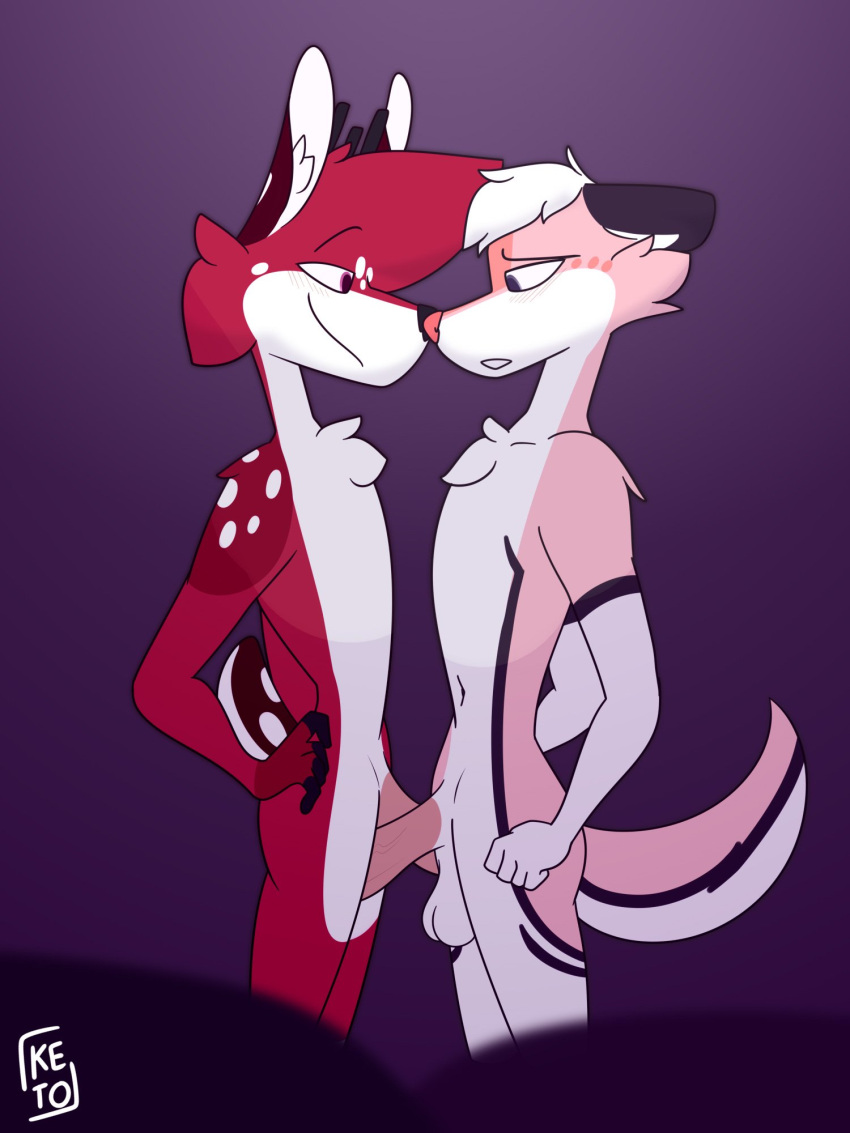 anthro ball_fondling balls canid canine canis cervid checho dominant duo erection fondling fur genitals hair hi_res ketofur ketofur_(artist) male male/male mammal nude penis pink_hair sex shy simple_background submissive submissive_male wolf