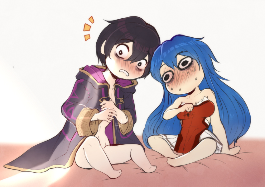 1boy 1girl bare_arms bare_legs blue_hair blush caught chibi cloak clothes_pull clothes_removed colorized couple dress dress_pull evomanaphy eyebrows_visible_through_hair fire_emblem fire_emblem:_the_binding_blade fire_emblem_awakening fire_emblem_heroes highres indoors interrupted lilina_(fire_emblem) morgan_(fire_emblem) morgan_(fire_emblem)_(male) nervous no_mouth no_nose opening_door purple_hair red_dress scared strapless strapless_dress surprised sweatdrop walk-in wardrobe_malfunction wide-eyed worried