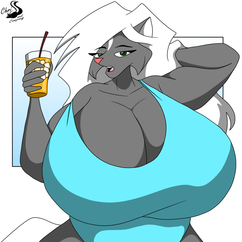 absurd_res anthro beverage big_breasts breasts chrisandcompany cleavage clothed clothing female hi_res huge_breasts kelsey_sienna mammal mephitid skunk solo swimwear