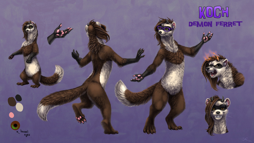 2022 5_fingers 5_toes ambiguous_gender anthro black_nose brown_body brown_fur digital_media_(artwork) domestic_ferret feet fingers fur green_eyes hi_res mammal mustela mustelid musteline sabretoothed_ermine solo toes true_musteline white_body white_fur