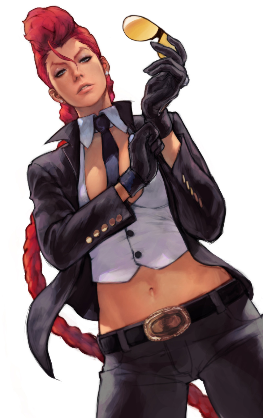 1girl absurdres belt between_breasts braid breasts capcom crimson_viper dark-skinned_female dark_skin earrings eyewear_removed highres jacket jewelry lips long_hair midriff necktie necktie_between_breasts pants pompadour red_hair single_braid solo street_fighter street_fighter_iv_(series) sunglasses wave_61