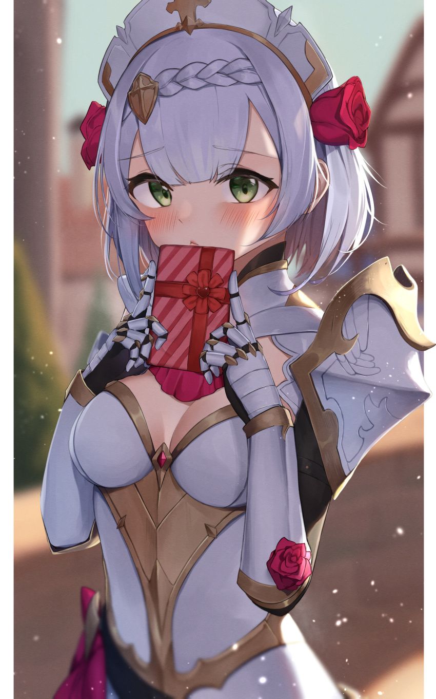 1girl armor bangs black_gloves blunt_bangs box braid breastplate breasts cleavage genshin_impact gift gift_box gloves green_eyes highres long_hair medium_breasts noelle_(genshin_impact) shirt short_hair upper_body valentine vambraces white_shirt yatsucchie