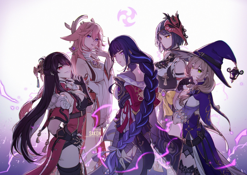 5girls absurdres animal_ears arm_guards back_tattoo bangs bare_shoulders beidou_(genshin_impact) bird_mask black_gloves black_hair black_legwear braid breasts brown_hair cleavage closed_mouth commentary detached_sleeves dress electricity english_commentary eyepatch finger_to_mouth fingerless_gloves flower fox_ears from_behind genshin_impact gloves green_eyes hair_between_eyes hair_ornament hair_over_one_eye hair_stick hairpin hand_on_hip hand_on_own_chest hat highres japanese_clothes jewelry kimono kujou_sara large_breasts lisa_(genshin_impact) long_hair long_sleeves looking_at_viewer mask mask_on_head miko mitsudomoe_(shape) mole mole_under_eye multiple_girls obi one_eye_covered open_mouth parted_lips pink_hair purple_eyes purple_flower purple_hair purple_headwear raiden_shogun red_eyes ribbon rose sakon04 sash short_hair simple_background smile tassel tattoo thighhighs tomoe_(symbol) twitter_username very_long_hair wide_sleeves witch_hat yae_miko yellow_eyes