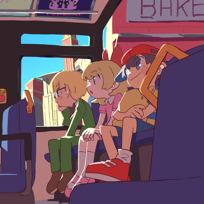 1girl 2boys :o backpack bag bangs baseball_cap black_hair blonde_hair blue_eyes bow bowtie brown_footwear building bus day dress freckles glasses green_pants ground_vehicle hair_between_eyes hair_bow hat head_rest highres holding holding_bag jacket jacktaro jeff_andonuts long_sleeves mother_(game) mother_2 motor_vehicle multiple_boys ness_(mother_2) pants parted_lips paula_(mother_2) pink_dress pink_footwear red_bow red_footwear seat shirt shoes short_sleeves shorts sideways_hat sitting smile sneakers socks striped striped_shirt vehicle_interior white_legwear