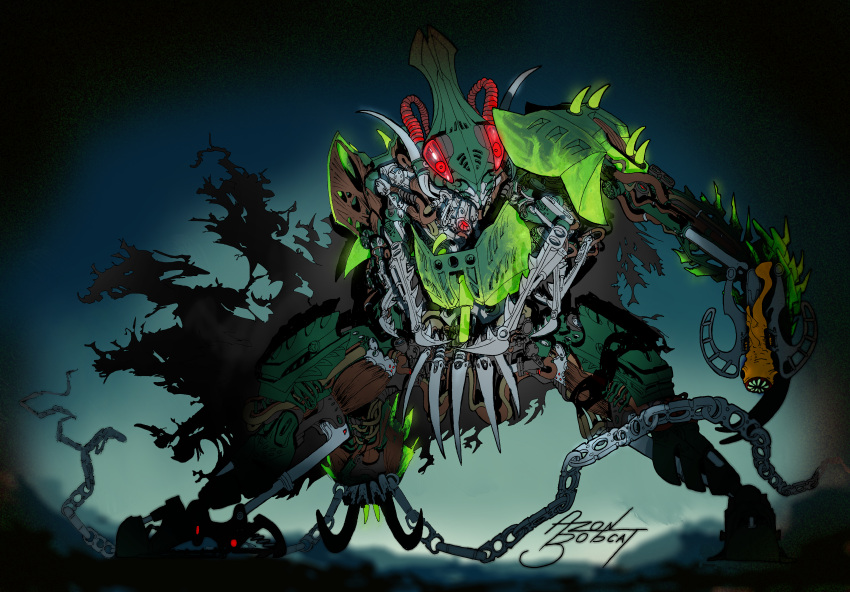 2021 2022 absurd_res ambiguous_gender arm_spikes armor azonbobcat back_spikes bionicle blue_background cape chain chain_weapon claw_weapons claws clothed clothing colored_sketch digital_media_(artwork) english_text fingers glowing glowing_eyes glowing_markings green_body hi_res holding_object humanoid karzahni_(bionicle) lego living_machine looking_at_viewer machine mandibles markings mask melee_weapon multicolored_body mutated not_furry pincher red_eyes robot robot_humanoid sea_squid_(rahi) sharp_teeth shoulder_spikes simple_background sketch solo spikes spikes_(anatomy) standing teeth text torn_cape traditional_media_(artwork) two_tone_body weapon