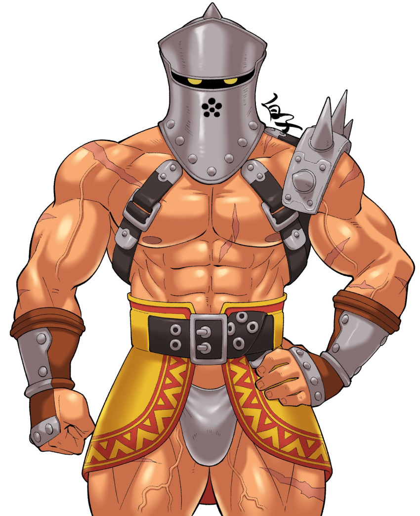 1boy abs armor bara bare_pectorals briefs bulge chest_belt chrono_cross cowboy_shot grey_male_underwear helmet highres kirupi large_pectorals looking_at_viewer male_focus male_underwear muscular muscular_male nipples pauldrons pectorals scar scar_on_chest scar_on_leg shoulder_armor single_pauldron solo stomach thick_thighs thighs underwear vambraces veins zoah