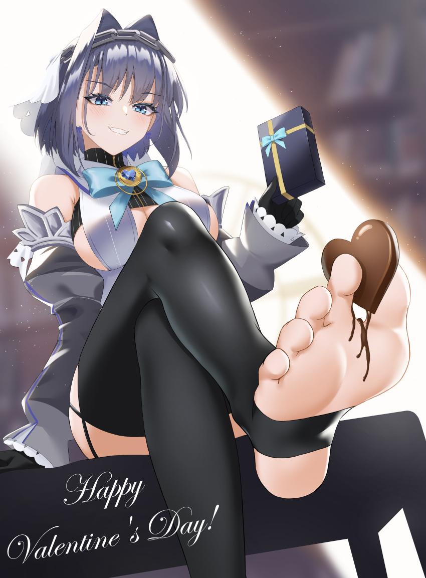 1girl absurdres bangs bare_shoulders black_gloves black_legwear blue_bow blue_bowtie blue_eyes blush bow bow_earrings bowtie box breasts candy chocolate commentary_request crossed_legs detached_sleeves dutch_angle earrings eyebrows_visible_through_hair feet food foot_focus foot_hold foot_out_of_frame gift gift_box gloves grin hair_intakes head_chain heart heart-shaped_chocolate highres holding holding_box hololive hololive_english jewelry large_breasts long_hair long_sleeves no_shoes ouro_kronii samisuke_(pkah8535) short_hair sitting smile solo stirrup_legwear thighhighs toeless_legwear valentine virtual_youtuber