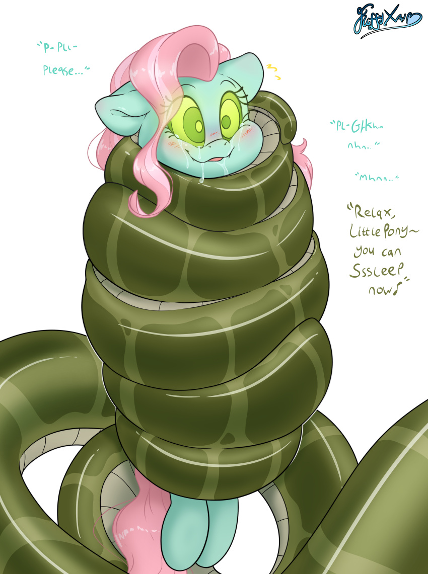 absurd_res blush bodily_fluids coiling coiling_another dialogue earth_pony english_text equid equine female fluffyxai hair hasbro hi_res horse hypnosis hypnotic_eyes mammal melyssa_(oc) mind_control minty_(mlp) my_little_pony pink_hair pony reptile saliva scalie simple_background snake text white_background