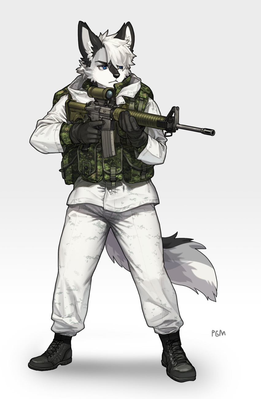 2021 absurd_res anthro black_clothing black_gloves black_handwear boots bottomwear canid canine clothing footwear fox fur gear gloves gun handwear hi_res male mammal pants pgm300 plantigrade ranged_weapon signature simple_background solo uniform weapon white_background white_bottomwear white_clothing white_pants