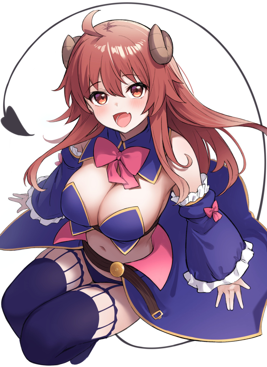 1girl :d ahoge blue_legwear borushichi bow bowtie breasts cleavage commentary_request curled_horns demon_girl demon_horns demon_tail detached_sleeves eyebrows_visible_through_hair fang full_body highres horns large_breasts long_hair looking_at_viewer machikado_mazoku open_mouth pink_bow pink_bowtie red_eyes red_hair simple_background skin_fang smile solo tail thighhighs thighs white_background yoshida_yuuko_(machikado_mazoku)