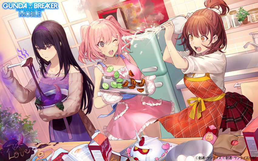 3girls absurdres apron bad_food baking_sheet black_hair bowl brown_eyes brown_hair chocolate commentary cookie copyright copyright_name dress_shirt egg_(food) faucet fire food green_eyes grey_eyes grey_sweater gundam gundam_breaker_mobile hairband haro heart high_ponytail highres ichinose_yuri icing kitchen kuzunoha_rindou long_hair microwave milk_carton miniskirt miyama_sana multiple_girls official_art one_eye_closed open_mouth orange_apron oven_mitts pastry_bag pink_apron pink_hair plaid plaid_skirt pleated_skirt print_apron promotional_art purple_apron purple_eyes purple_hairband refrigerator ribbon rx-78-2 school_uniform shirt short_hair sink skirt smoke spool suggestive_fluid sweater taiki_(luster) tentacles tied_hair topknot two_side_up valentine zaku