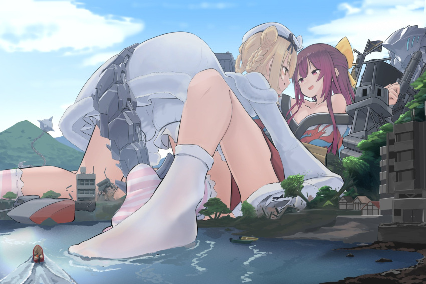 2girls boots bow brown_footwear commission cross-laced_footwear full_body giant giantess hair_bow hakama hakama_skirt highres japanese_clothes kamikaze_(kancolle) kantai_collection kimono lace-up_boots long_hair looking_at_viewer machinery multiple_girls open_mouth pink_hakama purple_eyes purple_hair red_kimono round_teeth sigure-zzzz skirt smokestack tabi teeth upper_teeth weapon white_legwear yellow_bow