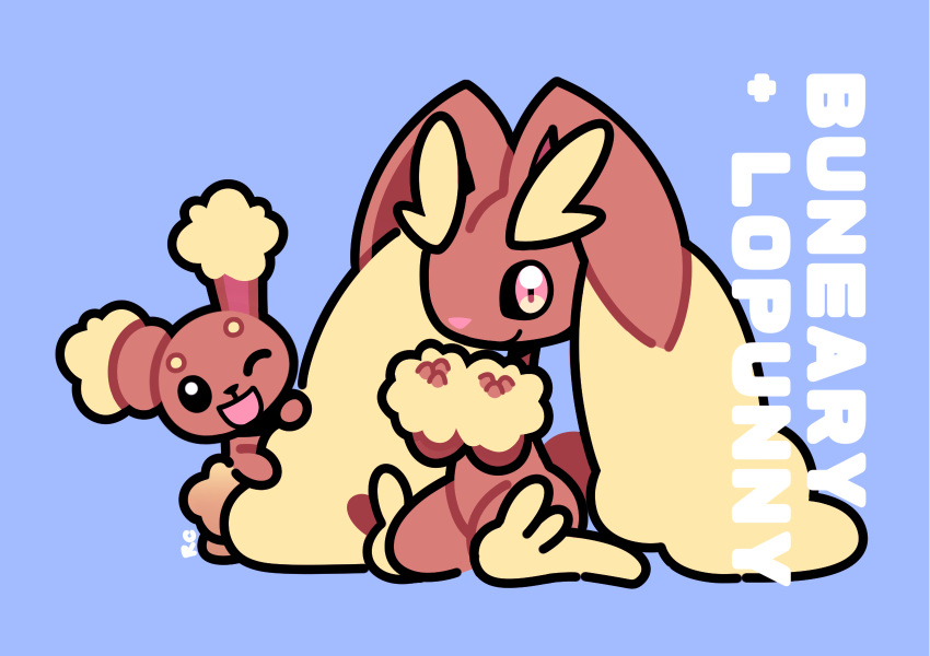 artsy-rc blue_background buneary character_name evolutionary_line highres looking_at_viewer lopunny no_humans pokemon pokemon_(creature) simple_background sitting smile