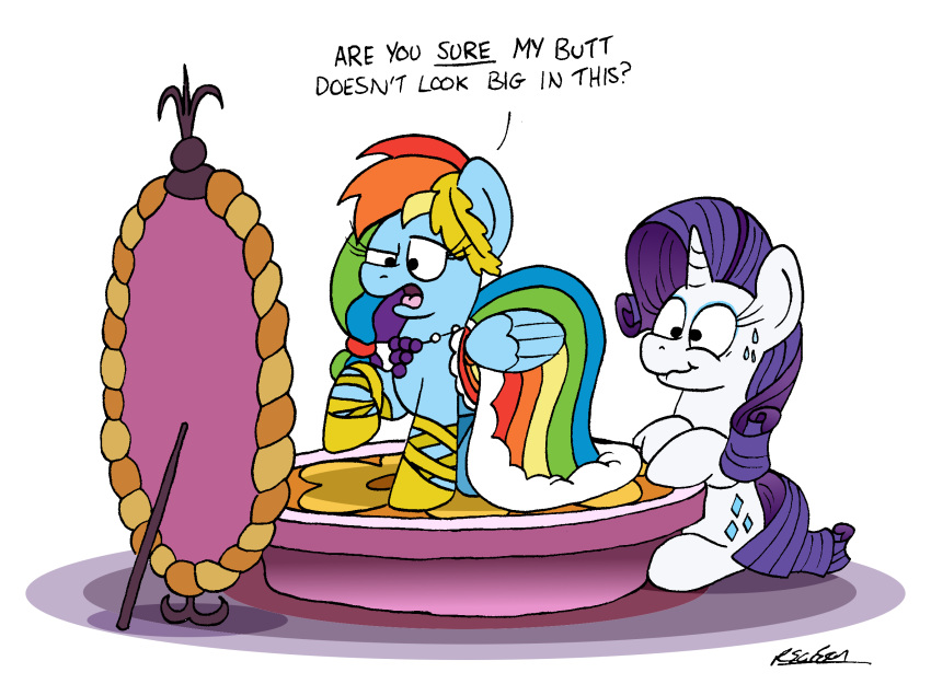 bobthedalek bodily_fluids clothing dress duo equid equine female friendship_is_magic hair hasbro hi_res horn jewelry mammal multicolored_hair my_little_pony necklace pegasus purple_hair rainbow_dash_(mlp) rainbow_hair rarity_(mlp) sweat sweatdrop trying_not_to_laugh unicorn wings