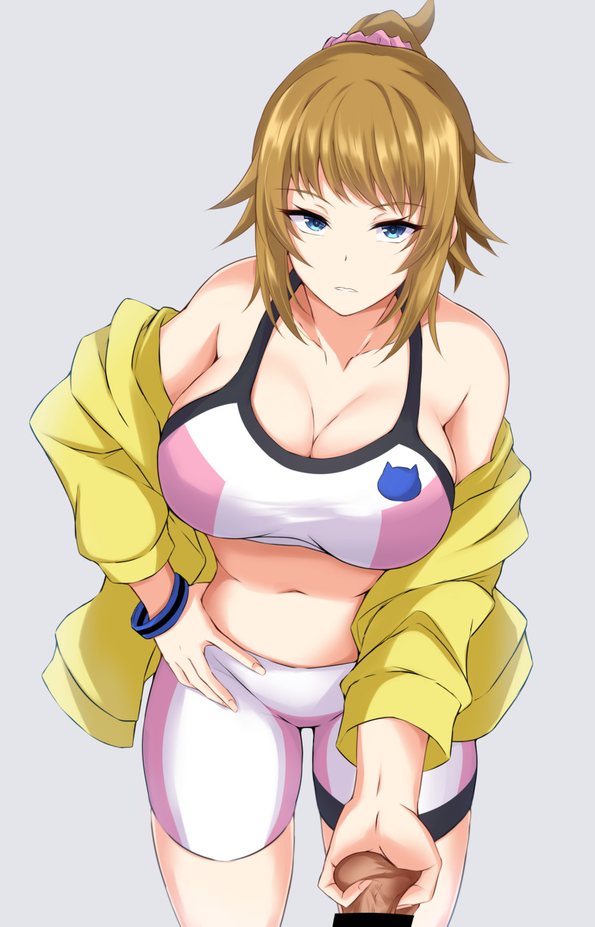 1girl absurdres bangs bare_shoulders blue_eyes breasts brown_hair cleavage cowboy_shot crop_top eyebrows_visible_through_hair femdom grey_background gundam gundam_build_fighters gundam_build_fighters_try hand_on_hip highres hoshino_fumina jacket large_breasts long_sleeves looking_at_viewer midriff navel off_shoulder parted_lips pink_scrunchie scrunchie short_hair shorts simple_background solo sports_bra standing stomach testicles thighs watarasera_piro yellow_jacket