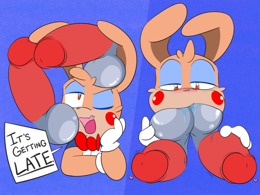 &lt;3 anthro ball_worship balls_on_head blush bow_tie clothing erection gloves group handwear hi_res lagomorph leporid male male/male mammal one_eye_closed psyredtails pupils rabbit red_pupils rudy_(psyredtails) shirt simple_background speech_bubble topwear upper_body