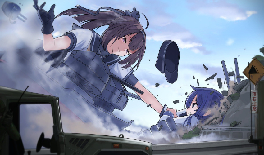 2girls ahoge akatsuki_(kancolle) akizuki_(kancolle) black_gloves black_hair blue_eyes blue_hair bow cap catfight chou-10cm-hou-chan commission giant giantess gloves ground_vehicle hachimaki hair_bow hair_ornament hair_ribbon headband highres jeep kantai_collection long_hair medium_hair motor_vehicle multiple_girls ponytail purple_eyes ribbon school_uniform serafuku sigure-zzzz smile