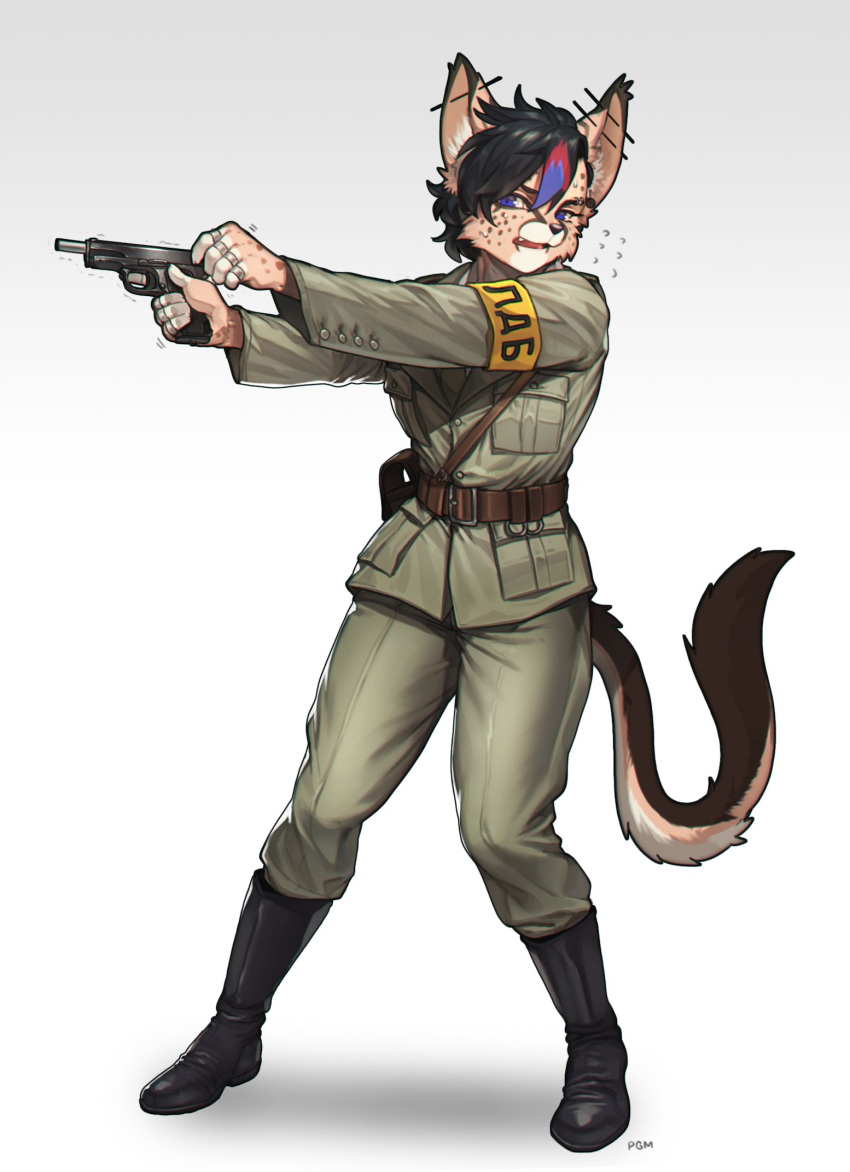 2022 boots clothing digital_media_(artwork) domestic_cat ear_piercing felid feline felis footwear fur gradient_background gun hair hi_res mammal military multicolored_hair pgm300 piercing plantigrade ranged_weapon signature simple_background solo spots spotted_body spotted_fur uniform weapon white_background