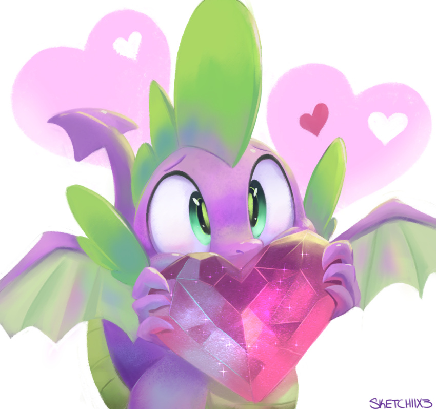 &lt;3 2022 anthro cute_expression dragon eyebrows friendship_is_magic gem green_eyes hi_res holding_object holidays looking_at_viewer male membrane_(anatomy) membranous_wings my_little_pony purple_body purple_scales scales sketchiix3 solo spike_(mlp) valentine's_day wings