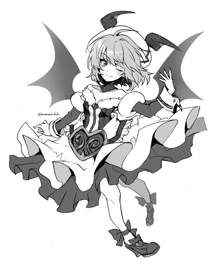 1girl absurdres bangs bat_wings bow closed_mouth curiosities_of_lotus_asia dress eyebrows_visible_through_hair full_body hat heart highres kamenozoki_momomo long_sleeves looking_at_viewer monochrome off_shoulder official_alternate_costume one-hour_drawing_challenge one_eye_closed remilia_scarlet shoes short_hair solo touhou twitter_username upper_body wings