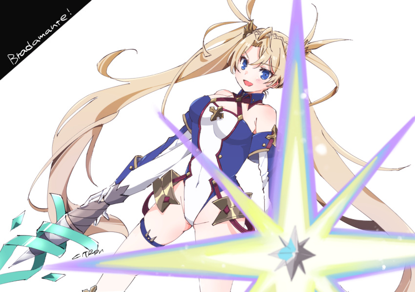 1girl bare_shoulders blonde_hair blue_eyes blush bradamante_(fate) breasts character_name citron80citron covered_navel dutch_angle fate/grand_order fate_(series) groin leotard looking_at_viewer medium_breasts polearm solo thighhighs thighs twintails weapon