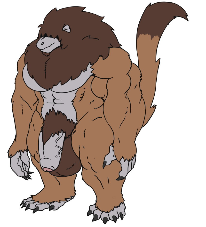 2019 5_fingers 5_toes anthro balls big_balls big_penis biped brown_body brown_fur brown_hair claws feet fingers flaccid foreskin fur genitals hair hair_over_eyes hi_res huge_balls humanoid_genitalia humanoid_penis kace_(vdisco) male mammal mane mane_hair muscular muscular_anthro muscular_male penis primate pubes simple_background solo standing toes vdisco vein veiny_penis white_background