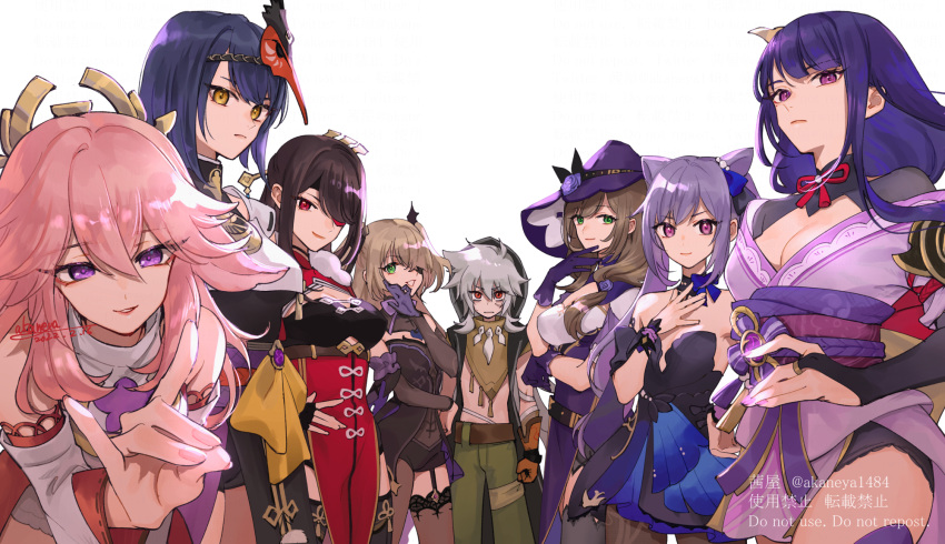 1boy 6+girls animal_ears bangs bare_shoulders beidou_(genshin_impact) bird_mask black_bodysuit black_eyepatch black_legwear blonde_hair bodystocking bodysuit breast_curtain breasts bridal_gauntlets brown_hair capelet chinese_clothes cleavage closed_mouth detached_sleeves double_bun dress earrings eyepatch finger_to_own_chin fingerless_gloves fischl_(genshin_impact) flower fox_ears garter_straps genshin_impact gloves green_eyes grey_hair hair_cones hair_ears hair_ornament hair_over_one_eye hair_stick hairpin hand_on_hip hand_on_own_chest hat hat_belt hat_flower highres japanese_clothes jewelry keqing_(genshin_impact) keqing_(opulent_splendor)_(genshin_impact) kimono kujou_sara large_breasts leaning_forward lisa_(genshin_impact) long_hair looking_at_viewer low_neckline mask mask_on_head miko mole multicolored_clothes multicolored_dress multiple_girls obi official_alternate_costume official_alternate_hairstyle ojo_aa one_eye_covered pelvic_curtain pink_hair priestess purple_capelet purple_eyes purple_gloves purple_hair purple_headwear purple_kimono purple_nails raiden_shogun razor_(genshin_impact) red_eyepatch red_eyes sash scar scar_on_face short_hair single_sleeve single_thighhigh smile standing strapless strapless_dress tassel tengu tengu_mask thighhighs thighs two-tone_dress two_side_up vision_(genshin_impact) white_background wide_sleeves witch witch_hat wolf_boy yae_miko yellow_eyes