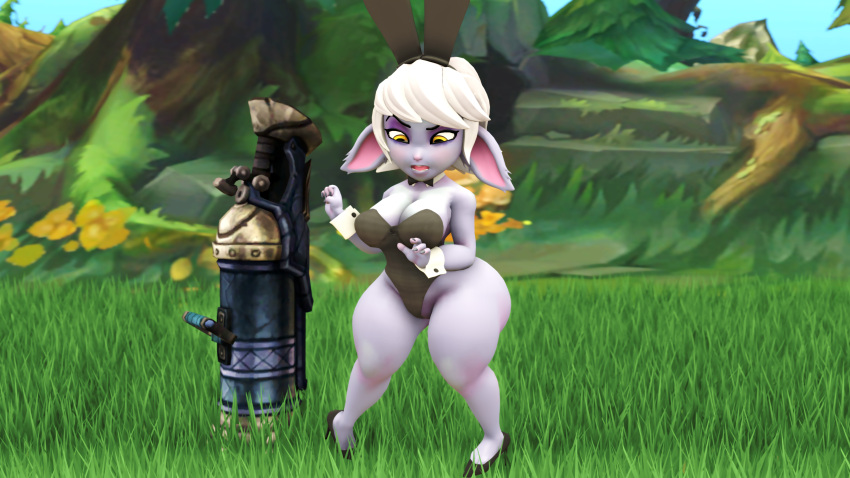 absurd_res big_breasts big_butt big_ears breasts bunny_costume butt cannon cleavage clothed clothing costume fake_ears fake_rabbit_ears female hair hi_res high_heels huge_butt huge_hips humanoid humanoid_pointy_ears league_of_legends ranged_weapon riot_games short_stack solo thick_thighs thordersfm_(artist) tristana_(lol) video_games weapon white_hair wide_hips yordle