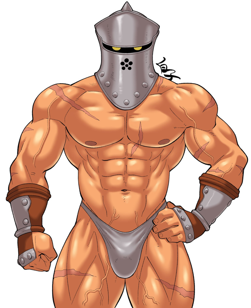 1boy abs bara briefs bulge chrono_cross cowboy_shot grey_male_underwear helmet highres kirupi large_pectorals looking_at_viewer male_focus male_underwear muscular muscular_male navel nipples pectorals scar scar_on_chest scar_on_leg solo stomach thick_thighs thighs topless_male underwear underwear_only vambraces veins zoah