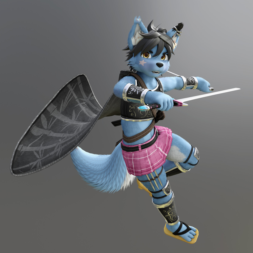 1:1 3d_(artwork) absurd_res anthro biped black_belt black_body black_cape black_clothing black_ears black_fur black_hair black_legwear black_nose black_topwear blue_body blue_fur blue_tail bottomwear cape cheek_tuft clothing digital_media_(artwork) dipstick_ears ear_piercing ear_ring facial_markings facial_tuft fangs footwear fur grey_background hair head_markings hi_res hickysnow holding_object holding_sword holding_weapon inner_ear_fluff leg_armor legwear looking_at_viewer male markings melee_weapon multicolored_ears open_mouth piercing pink_bottomwear pink_clothing pink_skirt sandals sepf simple_background skirt solo star_marking sword tan_eyes topwear tuft weapon white_body white_fur white_inner_ear white_inner_ear_fluff white_markings white_tail