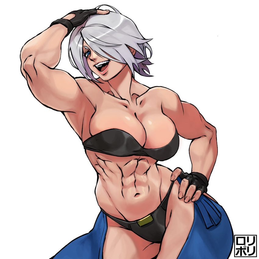 1girl abs angel_(kof) biceps bra breasts chaps fingerless_gloves gloves hair_over_one_eye highres jamrolypoly large_breasts muscular muscular_female navel snk solo strapless strapless_bra the_king_of_fighters the_king_of_fighters_2001 the_king_of_fighters_xiv the_king_of_fighters_xv thighs toned underwear white_hair