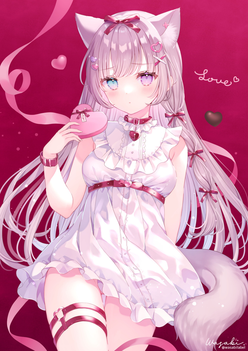 1girl animal_ear_fluff animal_ears bangs blue_eyes bow box breasts cat_ears cat_girl cat_tail closed_mouth commentary dress eyebrows_visible_through_hair frilled_dress frills gift gift_box hair_bow hair_ornament hairclip hand_up heart heart-shaped_box heart_hair_ornament heterochromia highres holding holding_gift long_hair original purple_eyes purple_hair red_background red_bow signature simple_background sleeveless sleeveless_dress small_breasts solo symbol-only_commentary tail twitter_username valentine very_long_hair wasabi_(sekai) white_dress x_hair_ornament