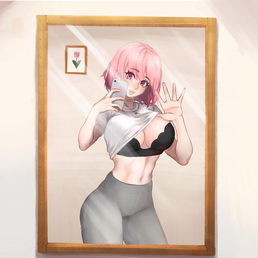 1girl black_bra bra breasts cellphone grey_pants highres konpeito_416 large_breasts looking_at_viewer mirror original pants phone pink_eyes pink_hair shirt short_hair smartphone smile solo underwear white_shirt