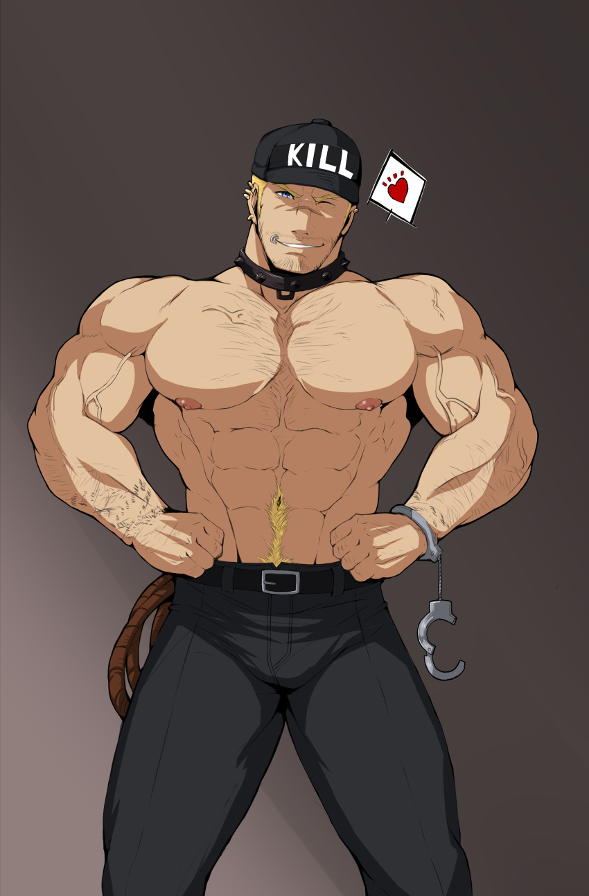 1boy abs absurdres bara baseball_cap black_collar black_pants blonde_hair bulge chest_hair collar facial_hair feet_out_of_frame goatee hand_on_hip handcuff_dangle hat hataraku_saibou highres killer_t_(hataraku_saibou) kito_(clamp5656) large_pectorals lip_piercing looking_at_viewer male_focus mature_male muscular muscular_male navel navel_hair nipples one_eye_closed original pants pectorals piercing rope seductive_smile short_hair sideburns smile smirk solo standing stomach stubble thick_thighs thighs tight tight_pants topless_male veins