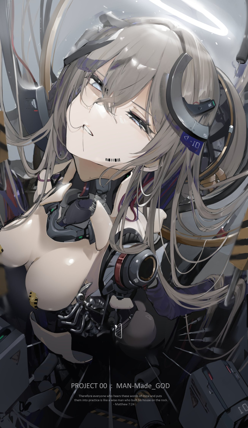 1girl android bangs body_writing breasts character_request commentary_request copyright_request crossed_bangs dleung english_text grey_eyes hair_between_eyes hair_intakes halo highres light_brown_hair long_hair looking_at_viewer medium_breasts parted_lips solo upper_body