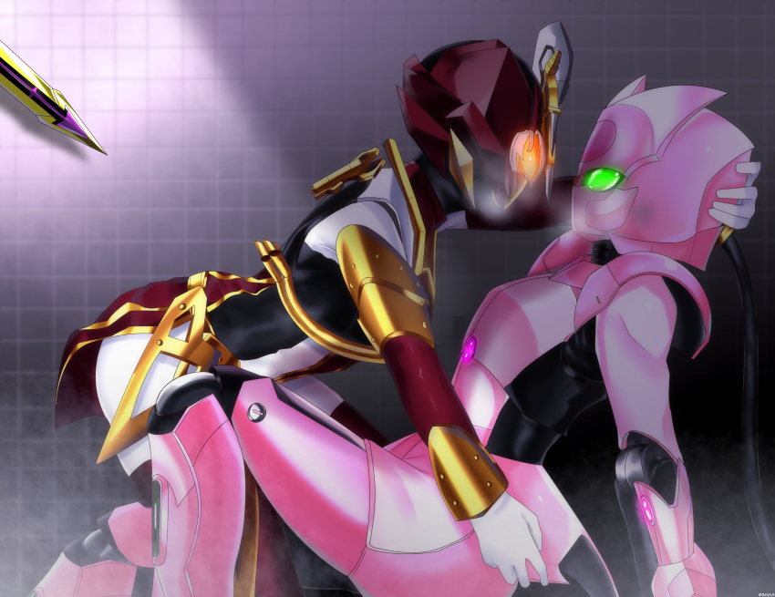 2girls absurdres arm_support breath crossover glowing glowing_eyes green_eyes hand_on_another's_head hand_on_hip helmet highres holding_another's_head kamen_rider kamen_rider_sabela kamen_rider_saber_(series) kikai_sentai_zenkaiger looking_at_another magine multiple_girls on_ground reiei_8 robot super_sentai tile_wall tiles tokusatsu yuri