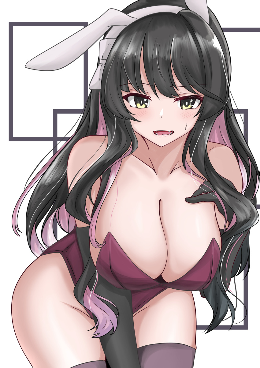 1girl absurdres alternate_costume animal_ears black_gloves black_hair breasts cleavage covered_navel detached_collar elbow_gloves fake_animal_ears gloves hair_down hairband highleg highleg_leotard highres kantai_collection large_breasts leotard long_hair looking_at_viewer multicolored_hair naganami_(kancolle) open_mouth pink_hair playboy_bunny purple_legwear purple_leotard rabbit_ears rabbit_tail solo strapless strapless_leotard tail thighhighs tokiwa_senkei two-tone_hair wavy_hair white_background white_hairband wrist_cuffs yellow_eyes