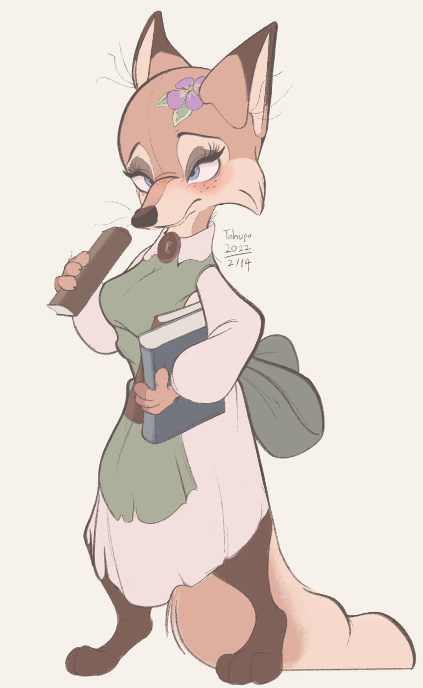 2022 anthro blue_eyes blush book canid canine cheek_tuft clothed clothing dated digital_media_(artwork) dipstick_ears facial_tuft female fox fully_clothed fur hi_res holding_book holding_object kitsuki_(tohupo) mammal multicolored_ears signature simple_background solo standing tohupo tuft