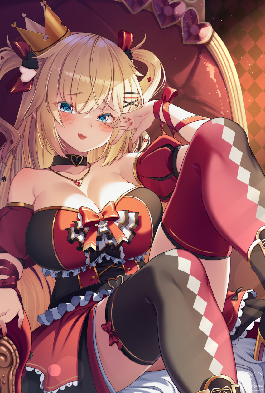 1girl akai_haato arm_ribbon bangs black_choker black_dress black_legwear blonde_hair breasts choker cleavage commentary_request crown detached_sleeves dress eyebrows_visible_through_hair feet_out_of_frame hair_ornament hair_ribbon hairclip heart heart_hair_ornament heart_necklace highres hololive large_breasts long_hair magowasabi mini_crown nail_polish puffy_short_sleeves puffy_sleeves red_legwear red_nails red_ribbon ribbon short_sleeves signature sitting solo strapless strapless_dress thighhighs twitter_username two-tone_legwear two_side_up very_long_hair virtual_youtuber x_hair_ornament