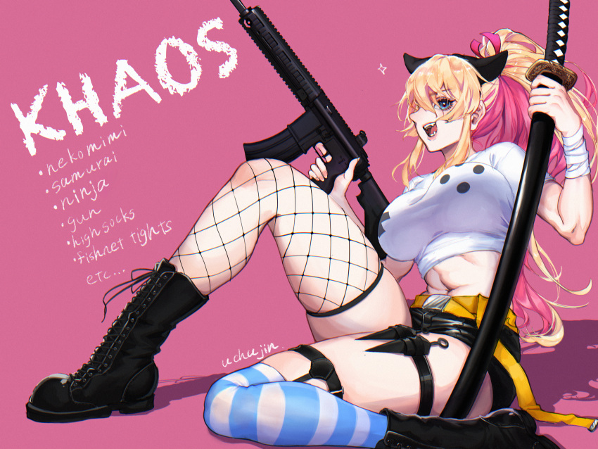 1girl absurdres black_footwear blonde_hair blue_eyes boots breasts fishnet_legwear fishnets gun highres holding holding_gun holding_sword holding_weapon katana konpeito_416 large_breasts long_hair looking_at_viewer midriff multicolored_hair navel original pink_background pink_hair ponytail shirt smile solo striped striped_legwear sword thighhighs thighs two-tone_hair very_long_hair weapon white_shirt