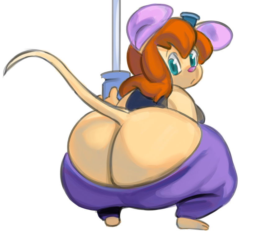 anthro big_butt blue_eyes bottomwear bottomwear_down brown_hair butt chip_'n_dale_rescue_rangers clothed clothing crouching disney female gadget_hackwrench hair hi_res huge_butt looking_at_viewer looking_back mammal mouse murid murine nondelismell pants pants_down partially_clothed pink_nose rodent screwdriver shirt solo tan_body tank_top thick_thighs tools topwear wide_hips