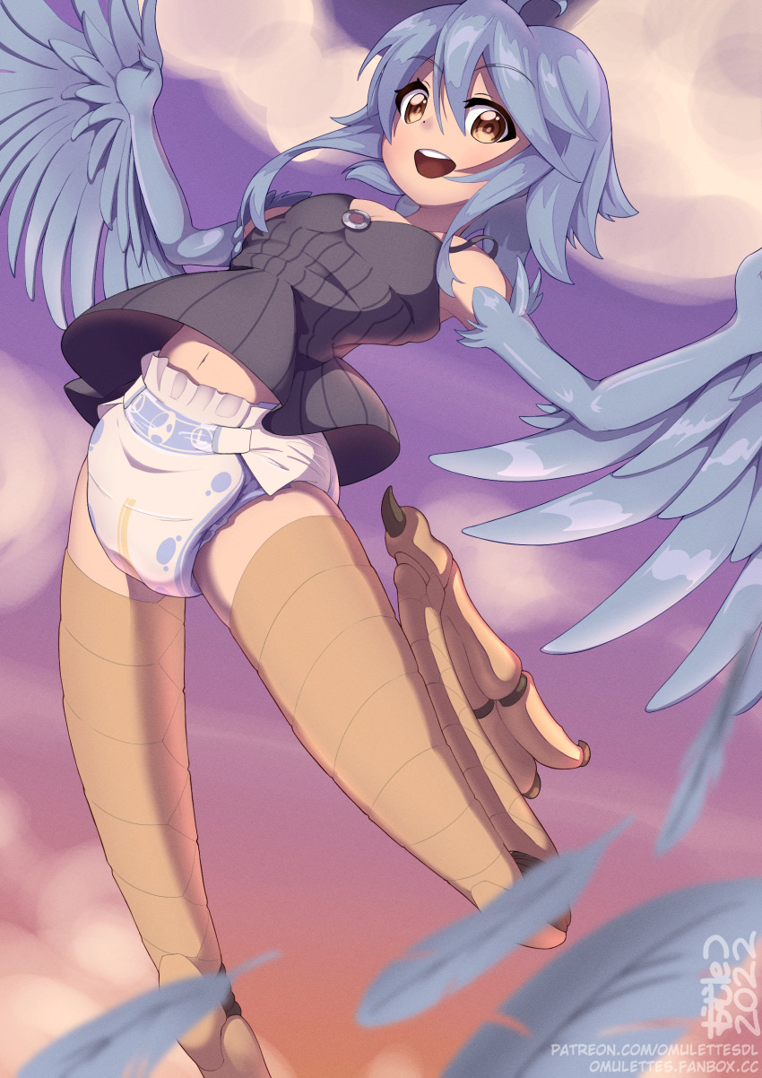 absurd_res avian blue_body blue_feathers blue_hair clothing diaper european_mythology feathers female greek_mythology hair harpy hi_res humanoid looking_at_viewer mammal monster_girl_(genre) monster_musume mythological_avian mythology omulette_(artist) open_mouth papi_(monster_musume) smile solo suspended_in_midair white_diaper