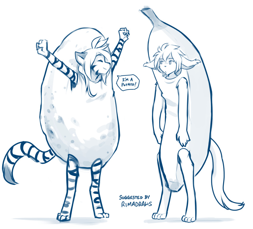 2022 anthro banana barefoot basitin blue_and_white clothed clothing conditional_dnp costume dialogue digitigrade duo english_text eyes_closed feet felid female flora_(twokinds) food fruit fur hi_res humor keidran keith_keiser male mammal monochrome pantherine plant potato raised_arms sketch smile striped_body striped_fur stripes text tiger tom_fischbach twokinds vegetable webcomic