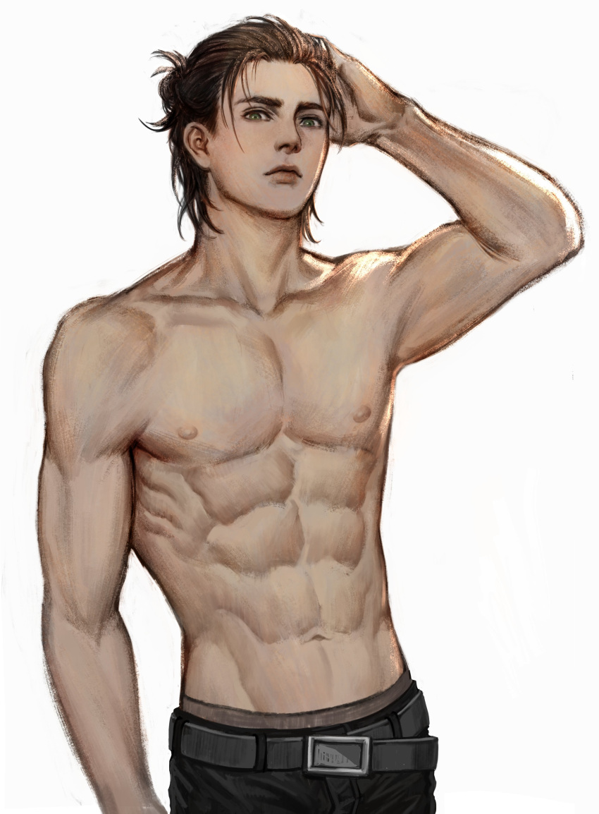 1boy abs absurdres areolae brown_male_underwear cowboy_shot ekit70 eren_yeager hand_on_own_head highres looking_at_viewer male_focus male_underwear male_underwear_peek older pectorals shingeki_no_kyojin short_hair solo stomach toned toned_male topless_male underwear white_background