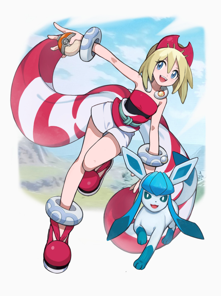 1girl absurdres arceus arm_wrap blonde_hair blue_eyes fly_sister123 glaceon hairband highres irida_(pokemon) knees poke_ball poke_ball_(legends) pokemon pokemon_(game) pokemon_legends:_arceus red_hairband red_shirt shirt short_hair shorts strapless strapless_shirt waist_cape white_shorts